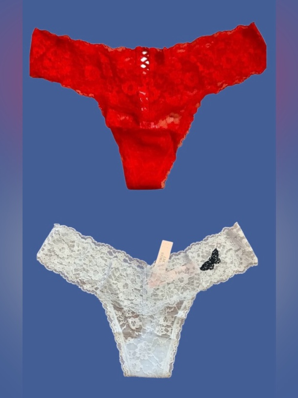 Victoria’s Secret Lace Thong Panties - Red & Light Blue. Sz. L ( set of 2)